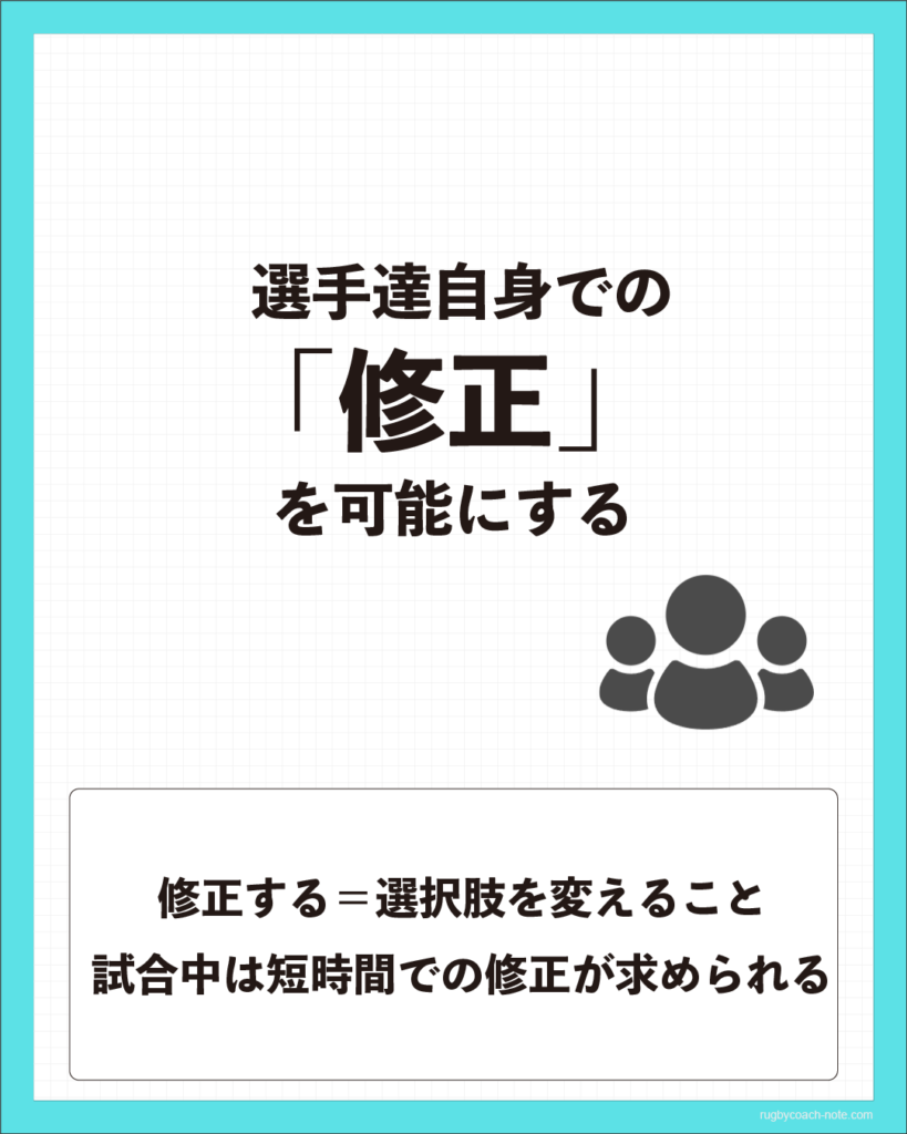 選手達自身での修正を可能にする｜修正する＝選択肢を変えること、試合中は短時間での修正が求められる