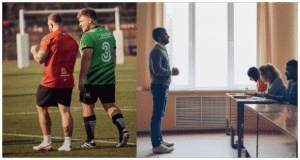 ラグビーの指導者と教室で生徒を見守る先生を対比させた画像